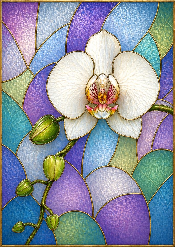 Ausgemalte Orchidee aus dem Glasgarten Malbuch